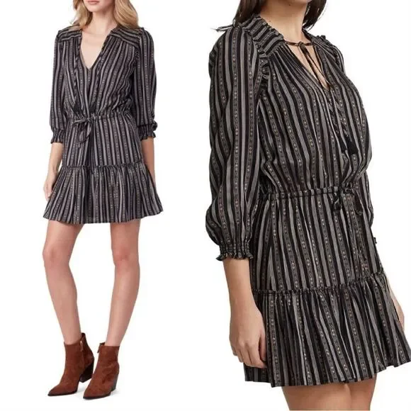 Paige Kaylynn Mini Black Multi Dress Striped Pleated V-Neck Blouse Size S - Picture 1 of 12